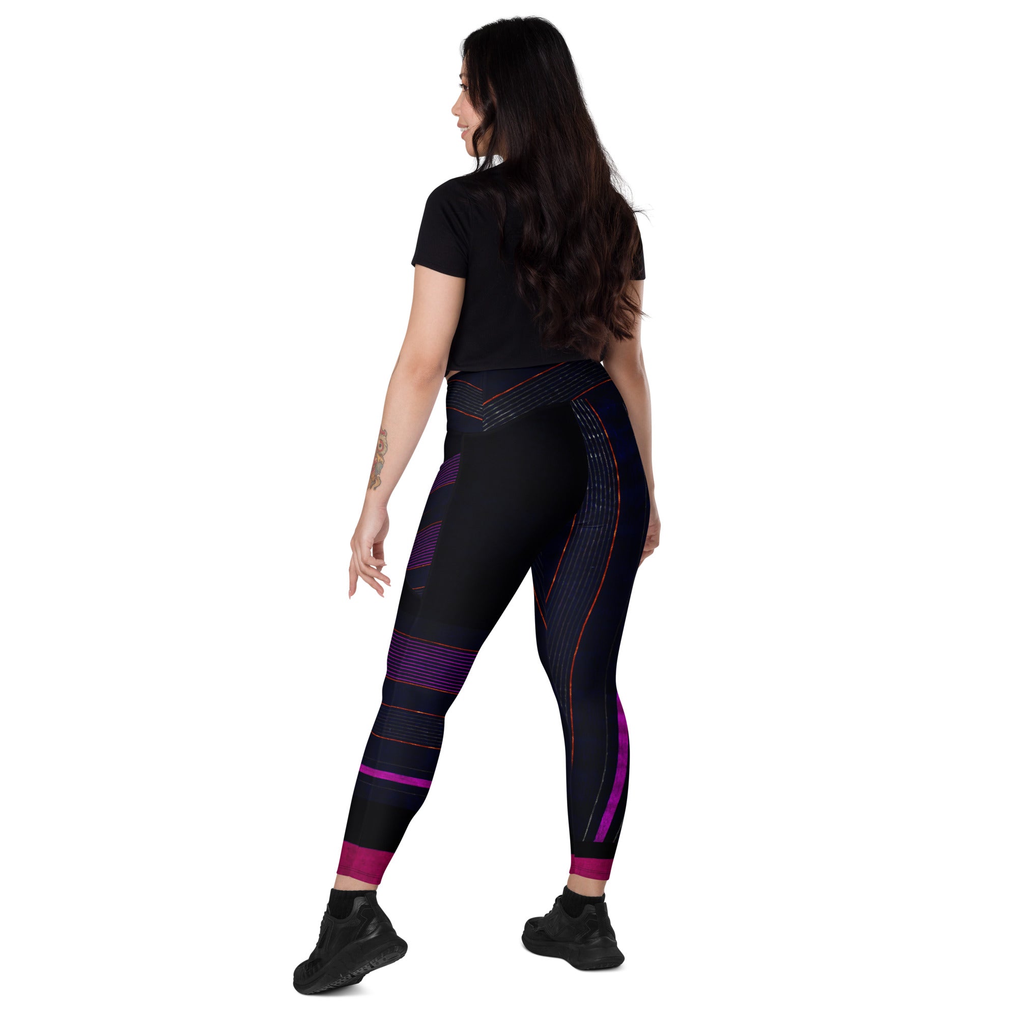 Black Gym Leggings with Pockets. Purple Pin Stripes Dance Leggings. Crossover Waist Yoga Pants. "Peppermint" by WickedYo.